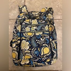VERA BRADLEY Large Laptop Backpack Ellie Blue Elephant Quilted Fabric Yellow